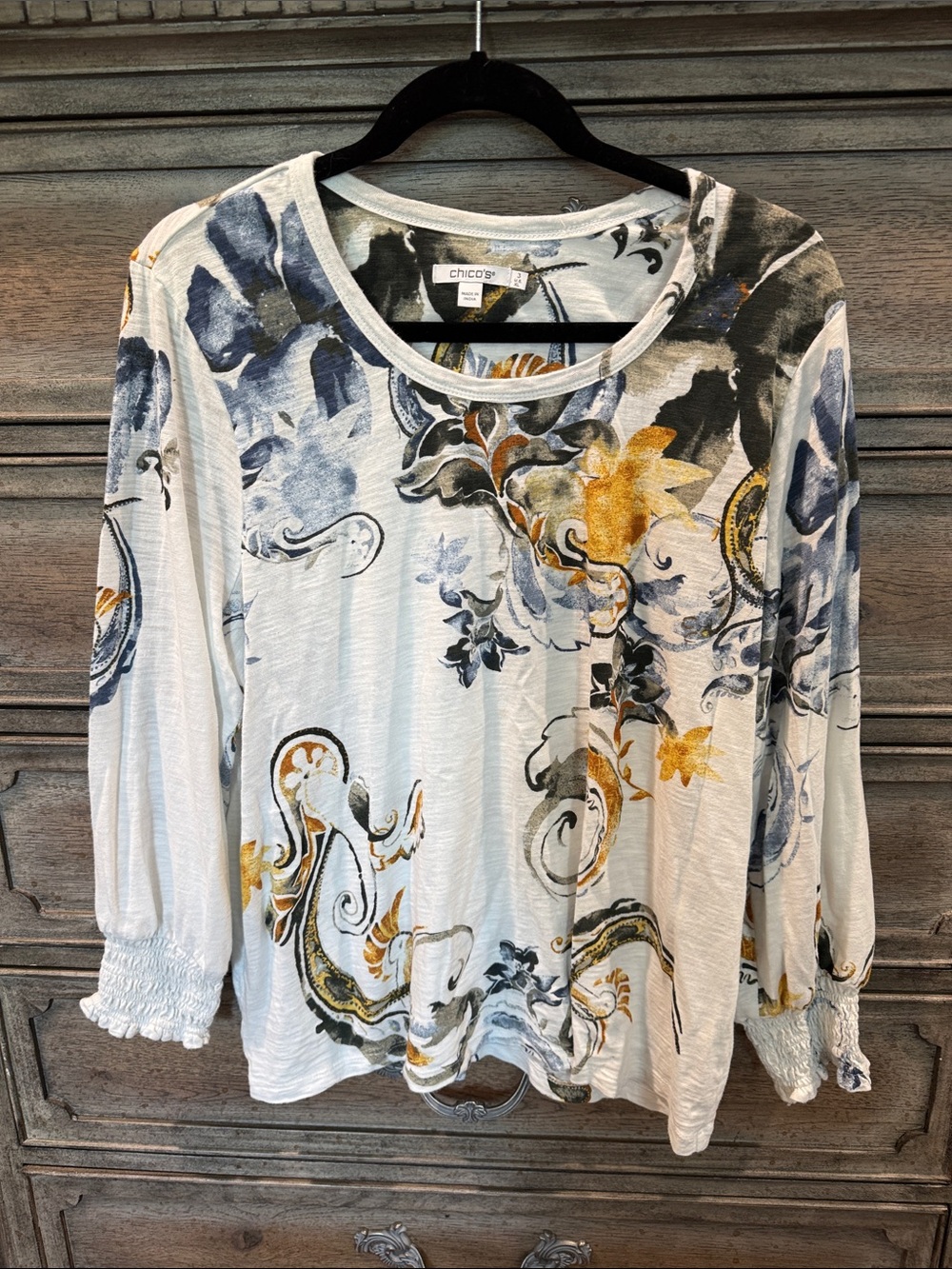 Chico's White Long Sleeve Top Smocked Sleeves with Blue and Gold Floral Scrolls